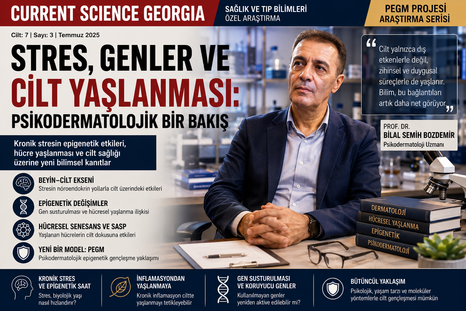Magazine-style scientific cover featuring Prof. Dr. Bilal Semih Bozdemir in a modern biomedical laboratory, illustrating research on psychodermatology, chronic stress, epigenetic gene regulation, cellular senescence, and skin aging.