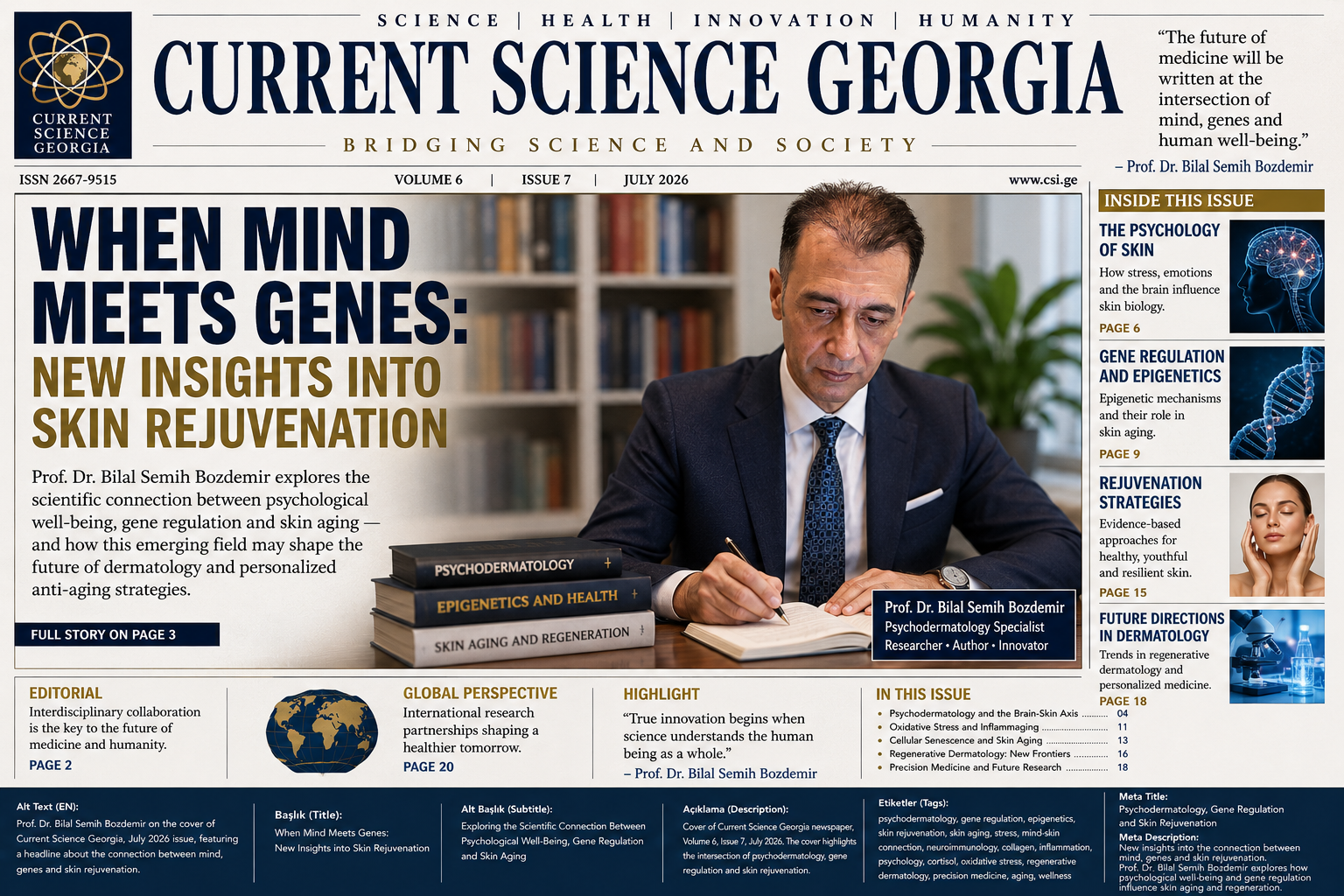 Alt Text: Prof. Dr. Bilal Semih Bozdemir on the cover of Current Science Georgia discussing psychodermatology, gene regulation, epigenetic mechanisms and their potential relationship with skin rejuvenation and healthy aging.