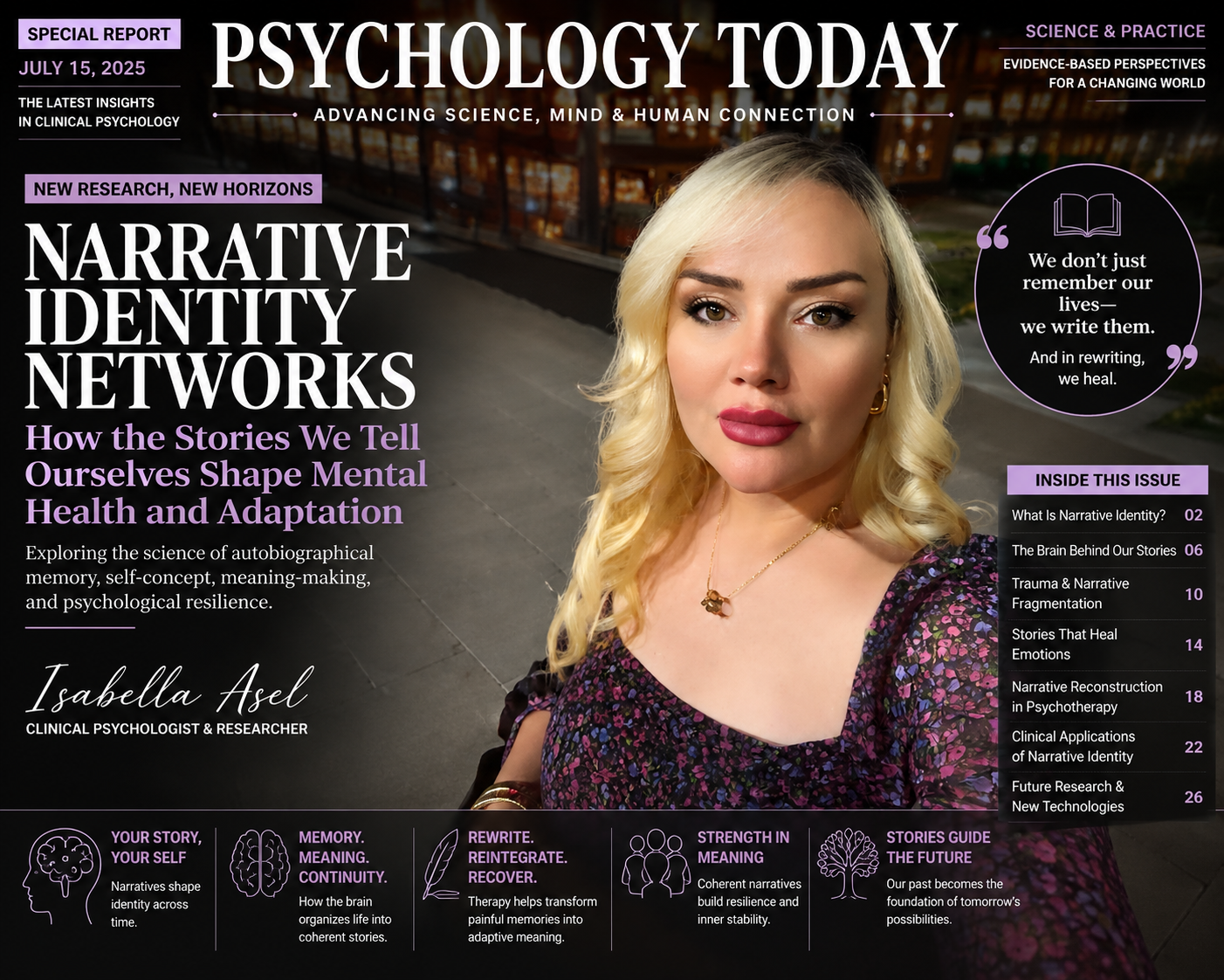 Editorial-style magazine cover featuring author Isabella Asel for an article on narrative identity networks, autobiographical memory, trauma recovery, self-concept, and psychological adaptation.