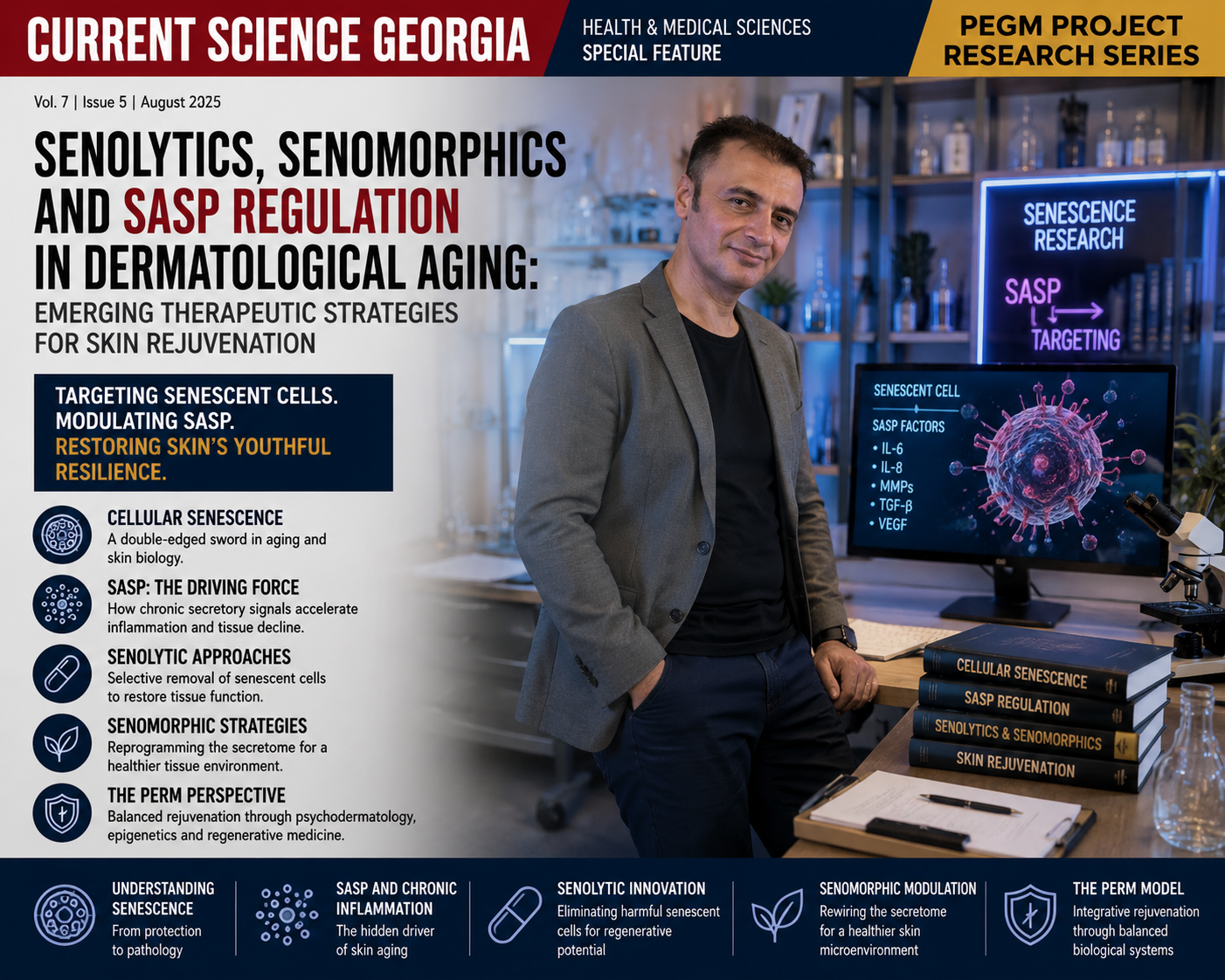 Prof. Dr. Bilal Semih Bozdemir standing in a modern biomedical research laboratory presenting scientific research on cellular senescence, senolytics, senomorphics, SASP regulation, and skin rejuvenation as part of the PEGM Project Research Series.