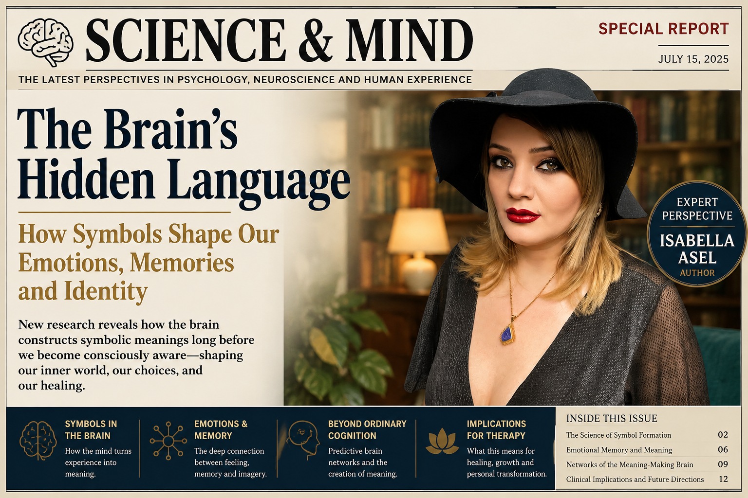 Editorial feature image of author Isabella Asel accompanying an article on the neurobiology of symbol formation, emotional memory, predictive processing, and contemporary clinical psychology.