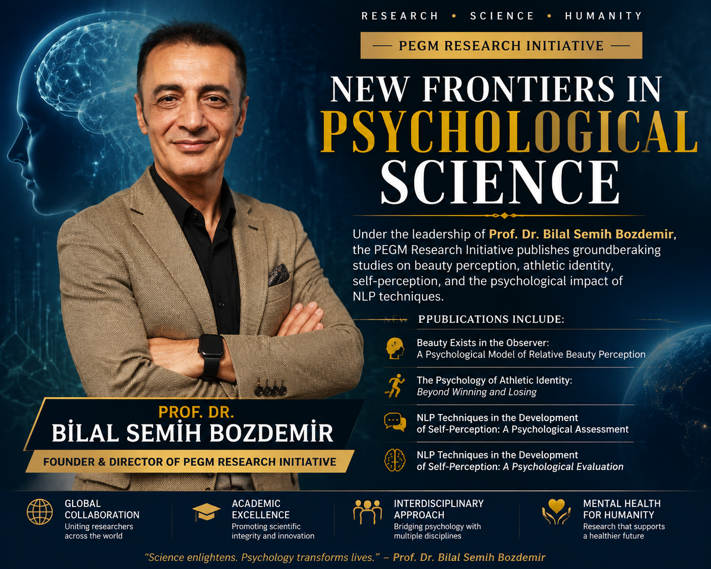 Portrait of Prof. Dr. Bilal Semih Bozdemir presented in a professional editorial cover promoting the PEGM Research Initiative. The artwork highlights international psychological research on beauty perception, athletic identity, self-perception, and interdisciplinary mental health studies within a modern scientific design featuring cognitive science and neuroscience-inspired visual elements.
