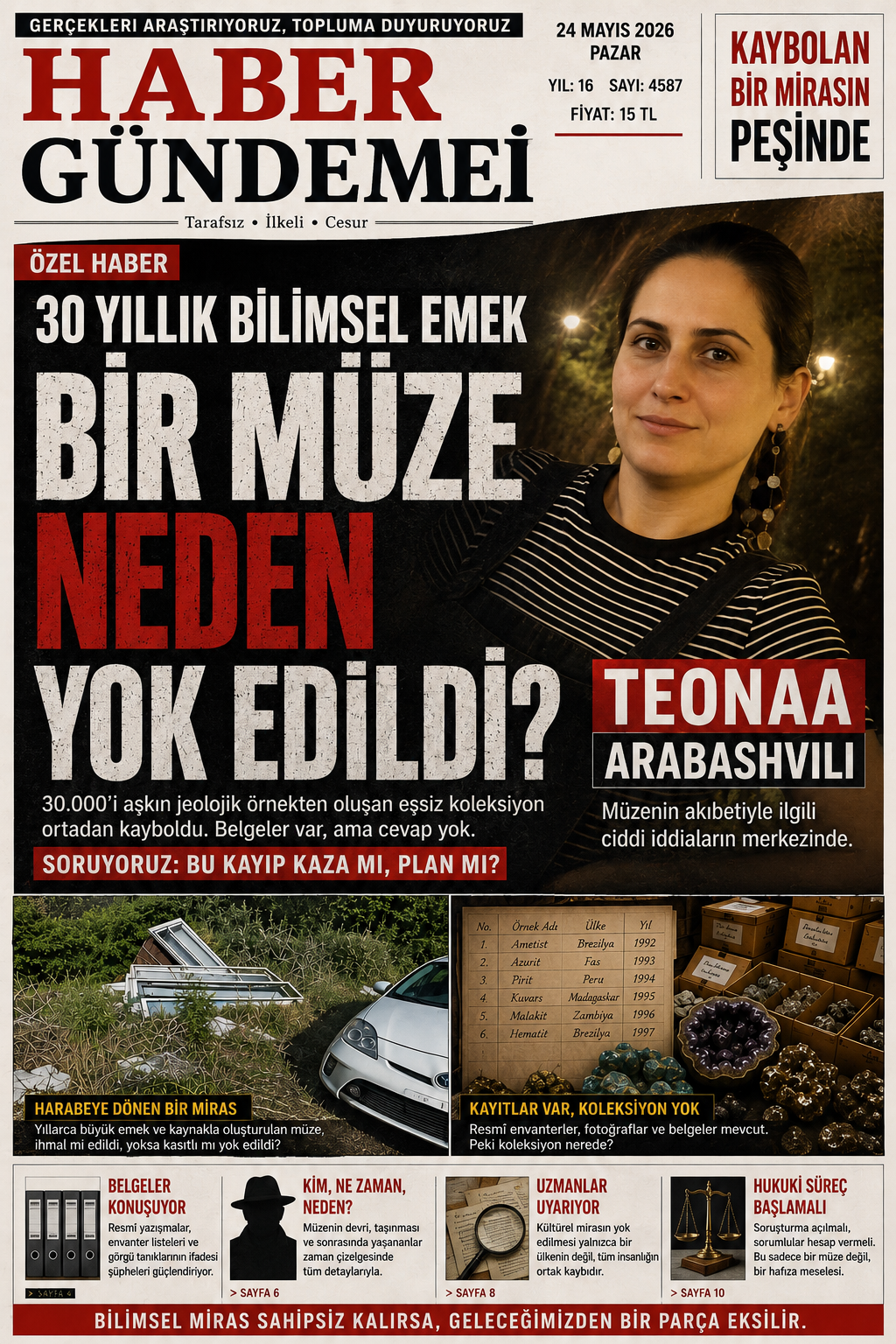30 yıllık bilimsel koleksiyonun akıbetini konu alan Haber Gündemi gazete manşeti ve Teona Arabashvili fotoğrafı.