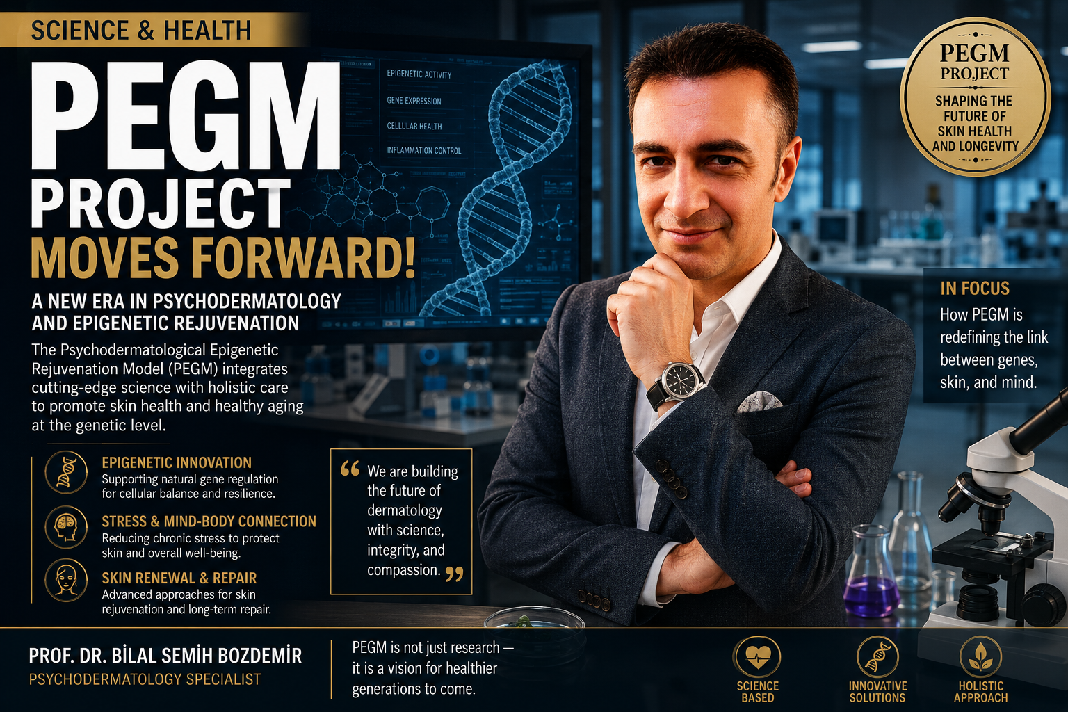 Prof. Dr. Bilal Semih Bozdemir presenting the PEGM (Psychodermatological Epigenetic Rejuvenation Model) research project in a modern biomedical laboratory, highlighting psychodermatology, epigenetics, skin health, and healthy aging.