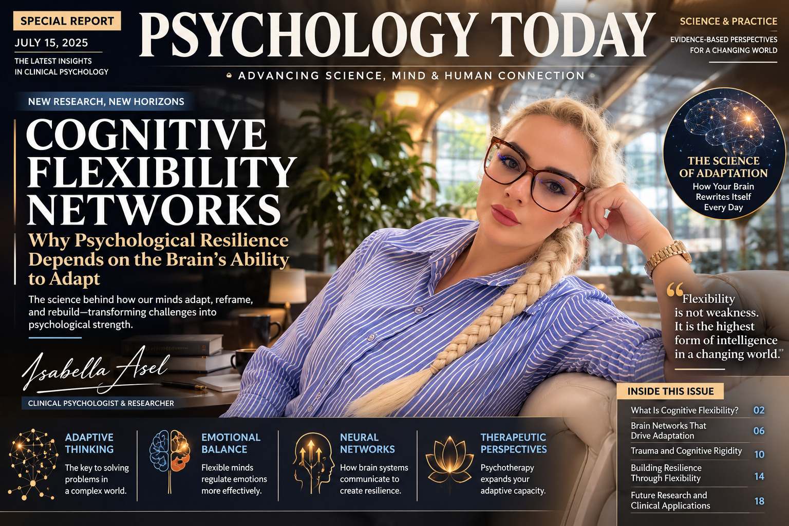 Editorial-style magazine cover featuring author Isabella Asel for a scientific review on cognitive flexibility networks, psychological resilience, adaptive thinking, emotional regulation, and contemporary clinical psychology.